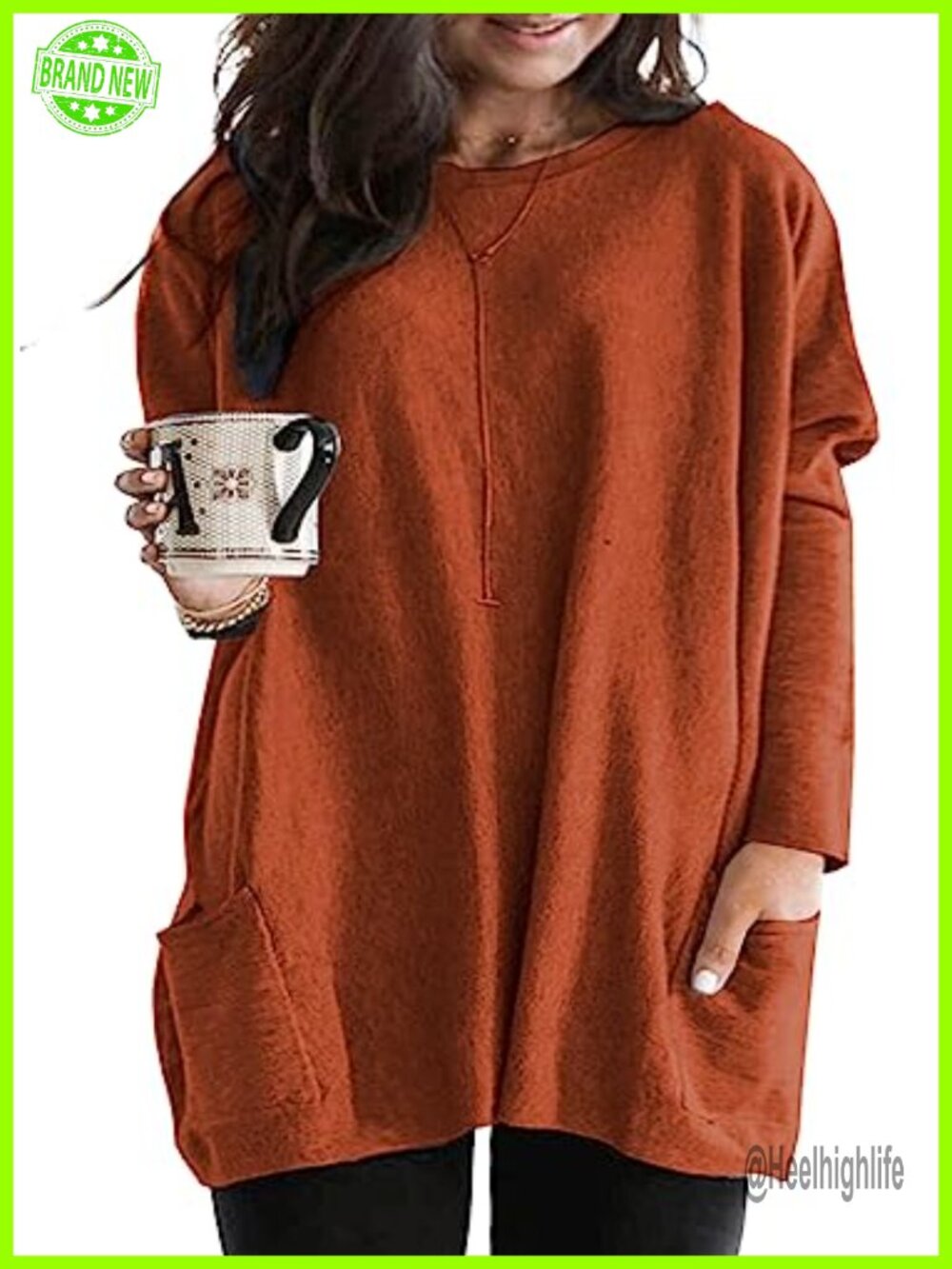 Plus Size Long Sleeve Tunic Top Crewneck Side Pockets Pullover